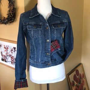 RALPH LAUREN size Medium Jean Denim Stretch Jacket Red Plaid FlipCuffs  $249 NEW